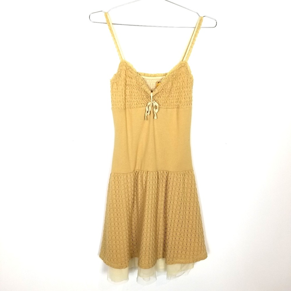 Free People Knit Crochet Mini Dress Sz M Spaghetti Straps Babydoll‎ Y2K  Yellow